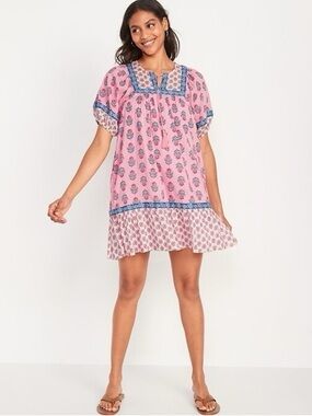 Pink Printed Babydoll Dress with Blue Trim